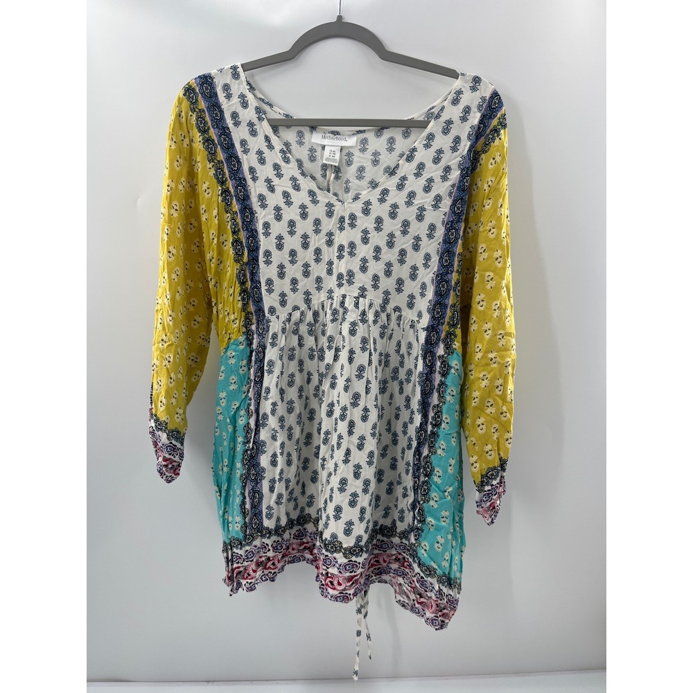 Motherhood Maternity Blouse XL Yellow Teal Mixed Print Boho Peasant Top V-Neck